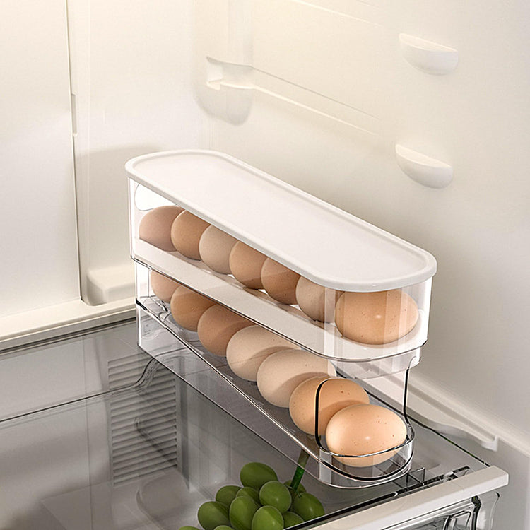 Ingénieuse boîte de rangement à œufs pour réfrigérateur, distributeur automatique, support empilable gain de place, organisation sécurisée, récupération facile, compatible porte et tablette du frigo. Livraison offerte !