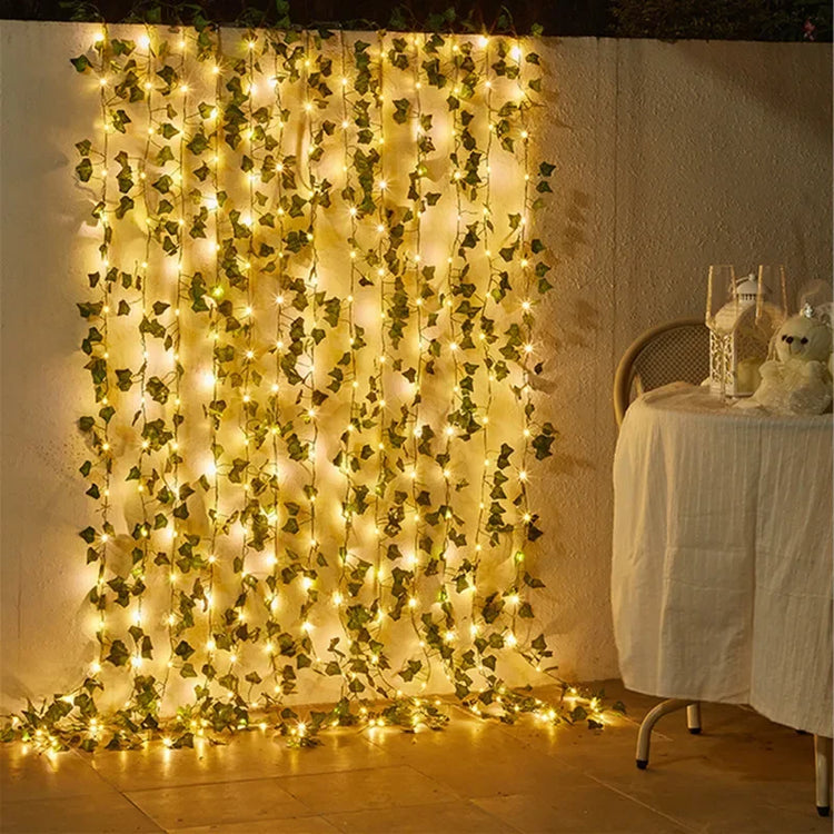 Magnifique guirlande lumineuse à feuilles vertes, 4 types de feuillage (lierre, dill, pastèque), avec ampoules LED et alimentation à piles, pour décoration intérieure, murale, balcon, jardin, etc. Livraison prioritaire offerte !