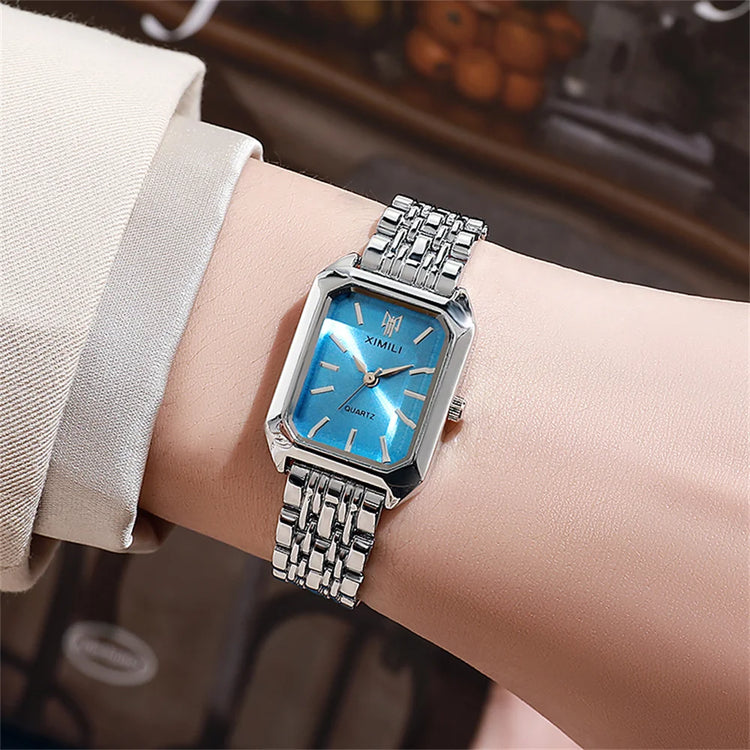 Montre élégante pour femme avec cadran rectangulaire en acier inoxydable, 8 couleurs disponibles. Livraison prioritaire offerte !