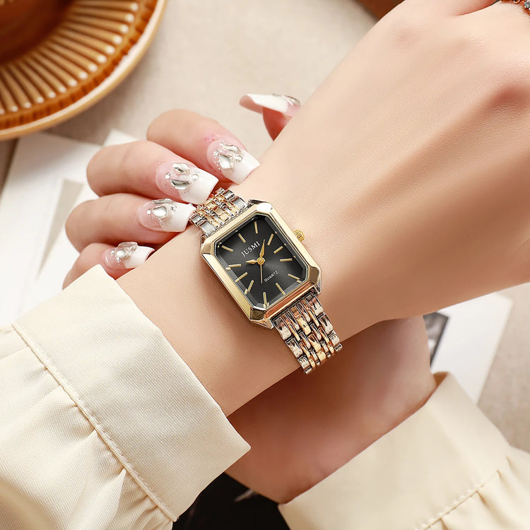 Montre carrée élégante pour femme, bracelet en métal bicolore. Livraison prioritaire offerte !