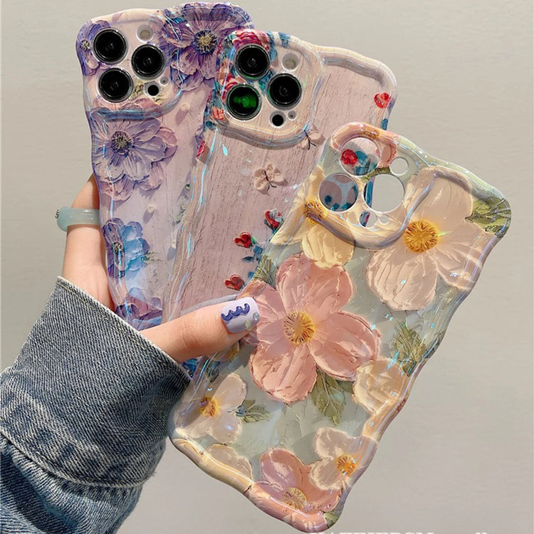 Coque artistique en silicone pour tous les iPhone, style peinture à l’huile rétro avec fleurs en relief, design luxueux, protection complète contre les chocs, 4 modèles floraux élégants. Livraison offerte !