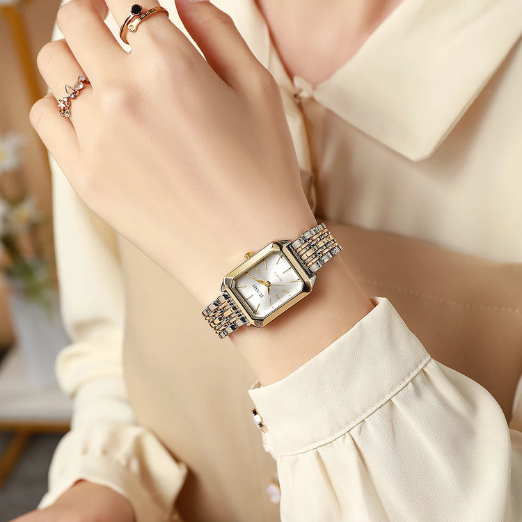Montre carrée élégante pour femme, bracelet en métal bicolore. Livraison prioritaire offerte !