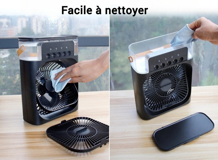 Ventilateur-climatiseur d'air frais, compact, silencieux, 3 vitesses, 3 minuteries, 3 bruines fraîches, 7 couleurs – Idéal près du lit, coin lecture, espace de travail, cuisine, bureau, terrasse, etc. La livraison prioritaire est offerte !