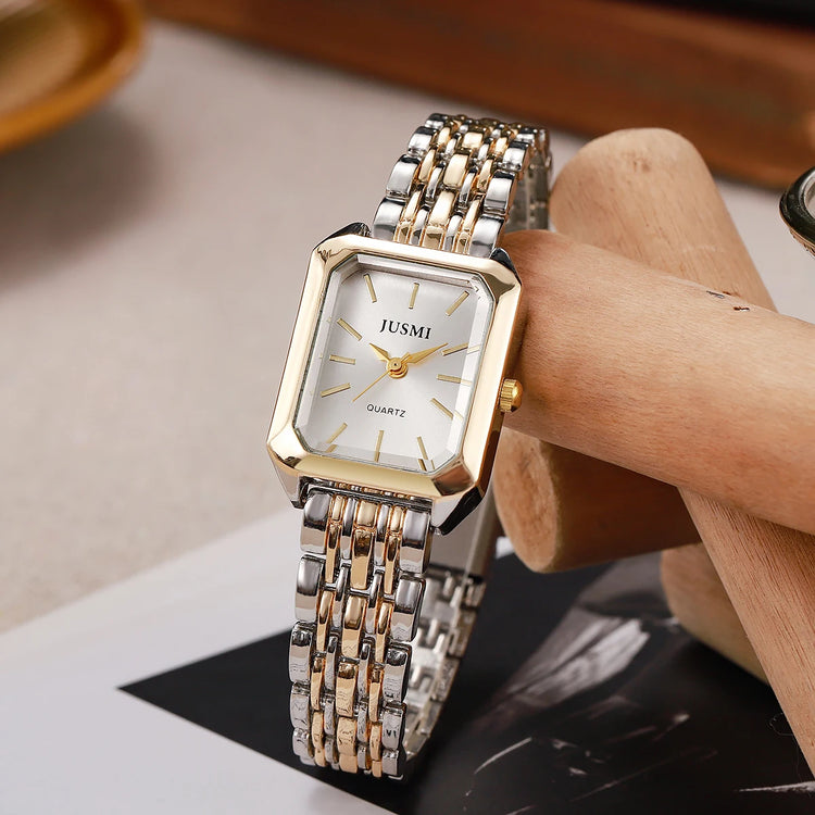 Montre carrée élégante pour femme, bracelet en métal bicolore. Livraison prioritaire offerte !