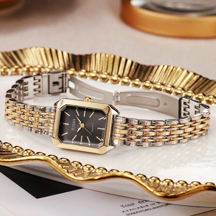 Montre carrée élégante pour femme, bracelet en métal bicolore. Livraison prioritaire offerte !