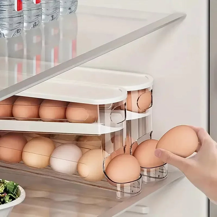 Ingénieuse boîte de rangement à œufs pour réfrigérateur, distributeur automatique, support empilable gain de place, organisation sécurisée, récupération facile, compatible porte et tablette du frigo. Livraison offerte !