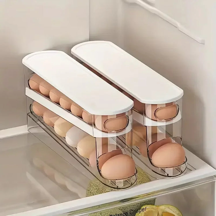 Ingénieuse boîte de rangement à œufs pour réfrigérateur, distributeur automatique, support empilable gain de place, organisation sécurisée, récupération facile, compatible porte et tablette du frigo. Livraison offerte !