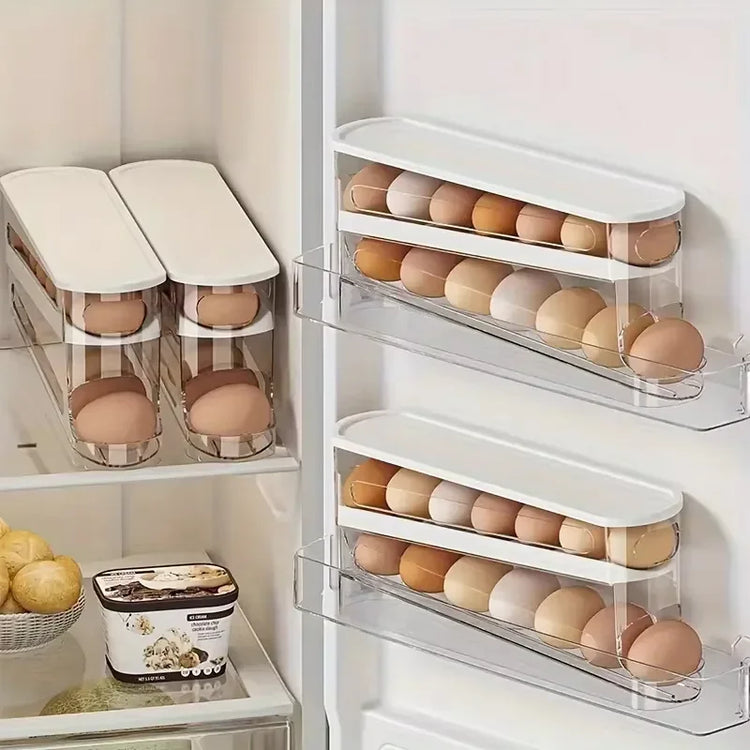 Ingénieuse boîte de rangement à œufs pour réfrigérateur, distributeur automatique, support empilable gain de place, organisation sécurisée, récupération facile, compatible porte et tablette du frigo. Livraison offerte !