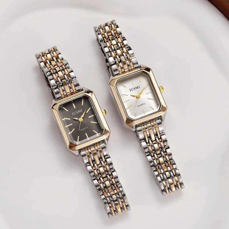 Montre carrée élégante pour femme, bracelet en métal bicolore. Livraison prioritaire offerte !