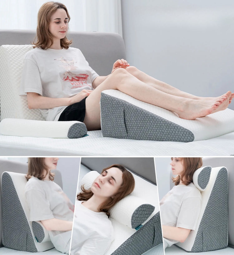 Coussin-triangle 4-en-1 Premium : Soulage efficacement les tensions aux jambes, offre un soutien ergonomique et un confort ultime. La livraison prioritaire est offerte !