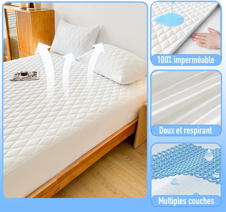 Protège-matelas Premium, 100% imperméable en coton respirant, haut de gamme, avec 4 coins élastiques, durable, anti-poussière, structure en 4 couches, prolonge la durée de vie de votre matelas. La livraison prioritaire est offerte !