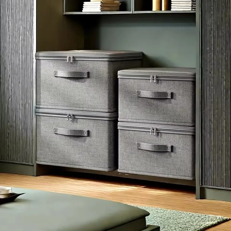 Boîte de rangement pliable multifonctionnelle en tissu imperméable avec couvercle zippé à double sens, grande capacité pour vêtements, couettes, oreillers, solution gain de place et protection optimale. Livraison offerte !