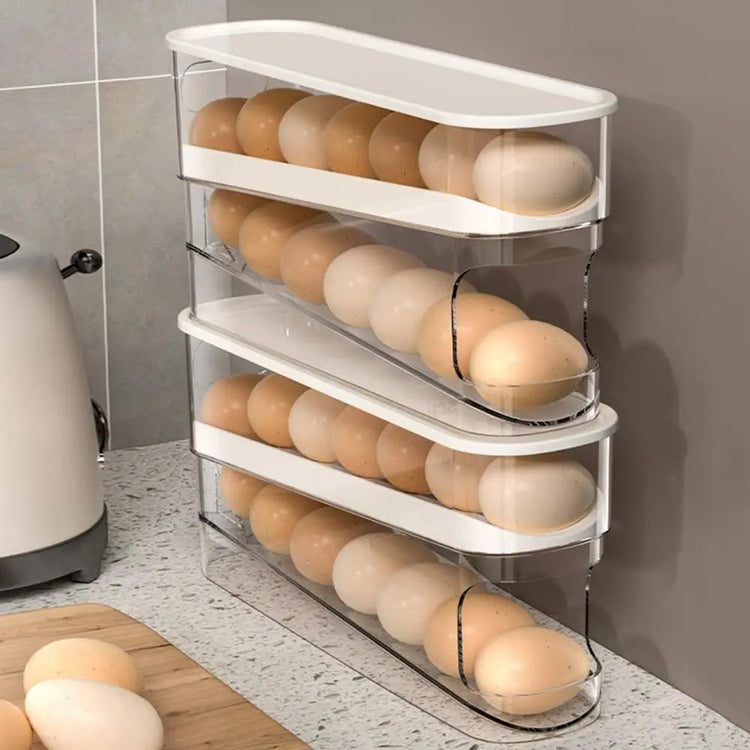 Ingénieuse boîte de rangement à œufs pour réfrigérateur, distributeur automatique, support empilable gain de place, organisation sécurisée, récupération facile, compatible porte et tablette du frigo. Livraison offerte !