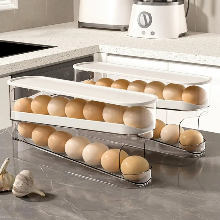 Ingénieuse boîte de rangement à œufs pour réfrigérateur, distributeur automatique, support empilable gain de place, organisation sécurisée, récupération facile, compatible porte et tablette du frigo. Livraison offerte !
