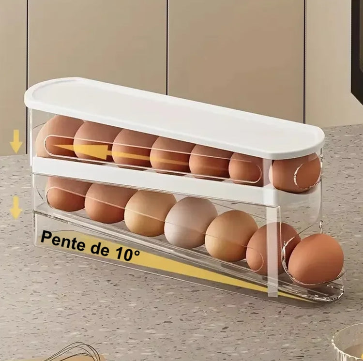 Ingénieuse boîte de rangement à œufs pour réfrigérateur, distributeur automatique, support empilable gain de place, organisation sécurisée, récupération facile, compatible porte et tablette du frigo. Livraison offerte !