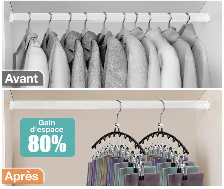 Cintre en acier inoxydable avec 10 pinces, double usage pratique : cintre de rangement gain de place pour pantalons, jupes, jeans, leggings et shorts, et séchoir à linge idéal pour vêtements délicats. Livraison offerte !