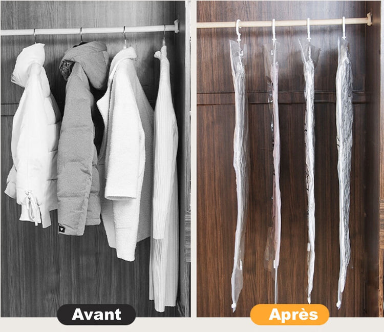 Grand sac plat sous vide, avec cintre et ancrages intégrés. Première qualité, permet de récupérer 80% d'espace, compatibles avec aspirateur ou pompe, protège contre l'humidité, la saleté, la moisissure, les odeurs, etc.