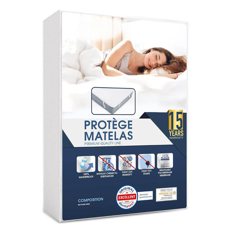 Protège matelas Premium, imperméable en coton respirant, 4 coins élastiques, imperméable et respirant, discret, installation simplissime, lavable en machine et sèche-linge, pour matelas de 5 à 35cm. Livraison prioritaire offerte !