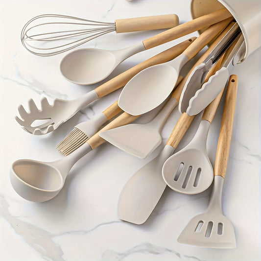 Magnifique ensemble d'ustensiles de cuisine en silicone sans BPA, résistants à la chaleur, anti-rayures avec manche en bois et bac de rangement, idéal pour cuisiner en toute sérénité. 12 pièces, produit Premium. La livraison est offerte !