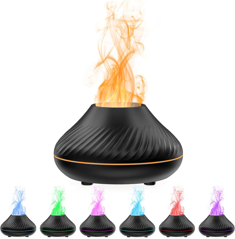 Superbe diffuseur d'arômes et humidificateur silencieux, effet flamme réaliste, 7 couleurs LED, compatible huiles essentielles, arrêt automatique sécurisé, 130ml, pour détente et bien-être. La livraison est offerte !