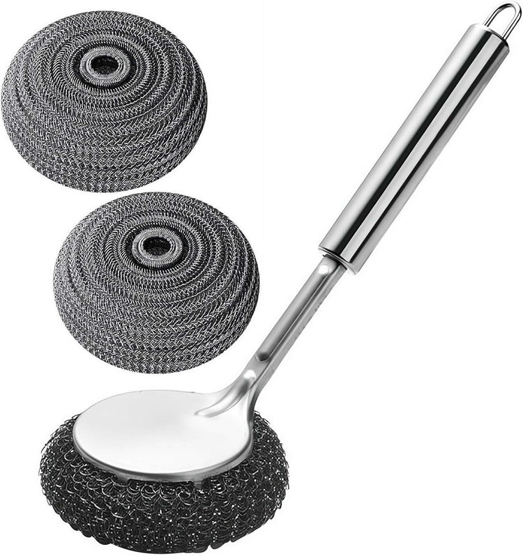 Brosse à récurer multifonction en acier inoxydable avec long manche ergonomique, anti-rayures, nettoyage puissant et hygiénique, ultra-durable et antirouille, avec 2 têtes de brosse de rechange. Livraison offerte !