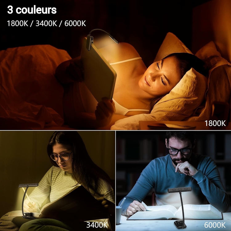 Ingénieuse lampe de lecture 19 LED Premium, pince jusqu'à 3cm, rechargeable, protection des yeux sans lumière bleue, gradation et 3 couleurs, cou flexible à 360°, longue durée, portable pour lire au lit. La livraison prioritaire est offerte !