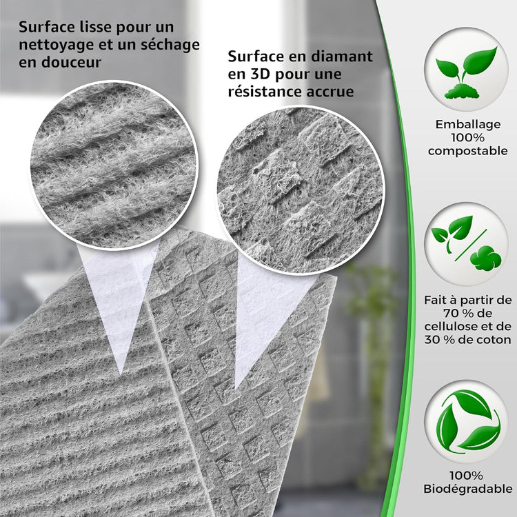 Authentiques chiffons suédois de qualité supérieure, entièrement biodégradables, écologiques, sans plastique, super absorbants, antibactériens, réutilisables et lavables. Remplacent les essuie-tout. Produit coup de coeur. La livraison est offerte!