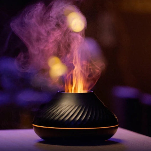 Superbe diffuseur d'arômes et humidificateur silencieux, effet flamme réaliste, 7 couleurs LED, compatible huiles essentielles, arrêt automatique sécurisé, 130ml, pour détente et bien-être. La livraison est offerte !