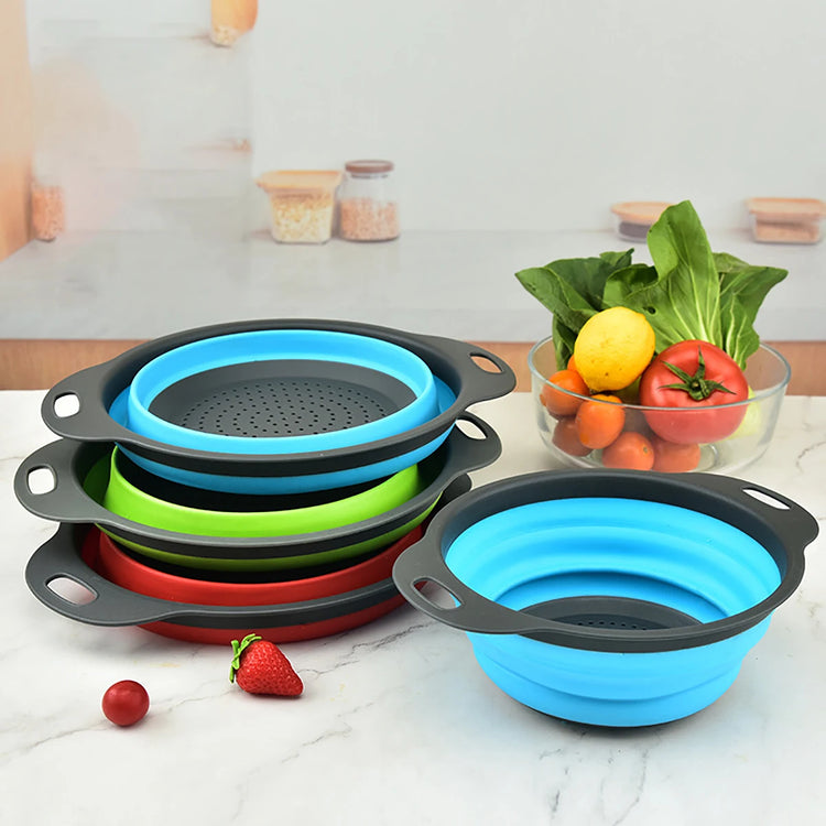 Passoire pliable en silicone multi-tailles et multi-usages, résistante à la chaleur et sans BPA, idéale pour égoutter pâtes et légumes, avec poignée portable et gain de place garanti. La livraison prioritaire est offerte !