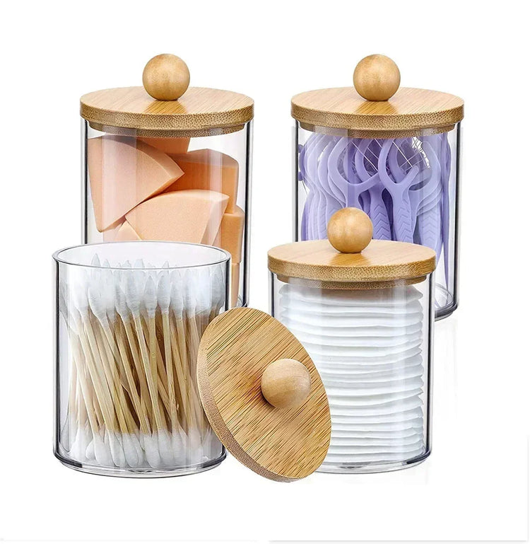 Magnifique pot apothicaire avec couvercle en bambou naturel – rangement élégant, durable et polyvalent pour cotons, maquillage, accessoires de salle de bain, bureau, cuisine et snacks. Livraison offerte !