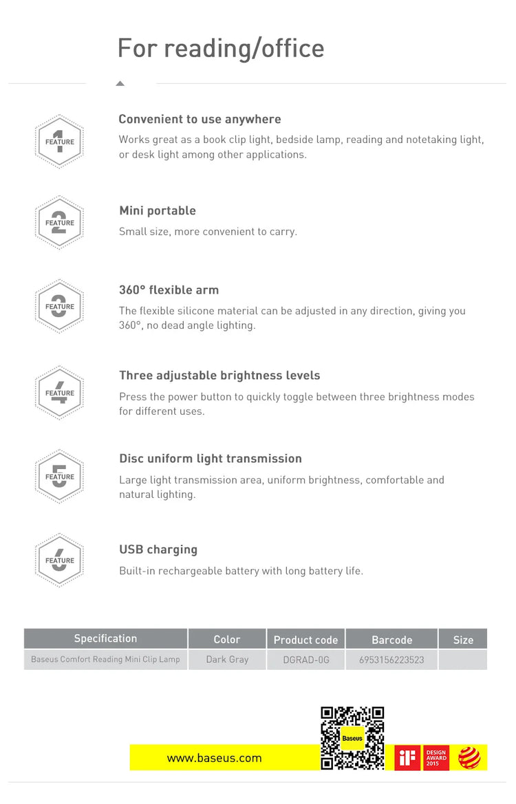 Baseus LED Clip Table Lamp Stepless Dimmable Wireless Desk Lamp Touch USB Rechargeable Reading Light LED Night Light Laptop Lamp