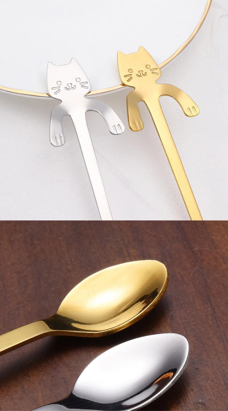 Cuillères à café en forme de chat suspendu, lot de 2 pièces en acier inoxydable 304, design ludique et élégant avec pattes qui s’accrochent au rebord de la tasse,   idéales pour café, thé, desserts et glaces. Livraison offerte !