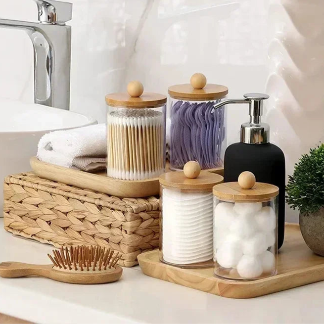 Magnifique pot apothicaire avec couvercle en bambou naturel – rangement élégant, durable et polyvalent pour cotons, maquillage, accessoires de salle de bain, bureau, cuisine et snacks. Livraison offerte !
