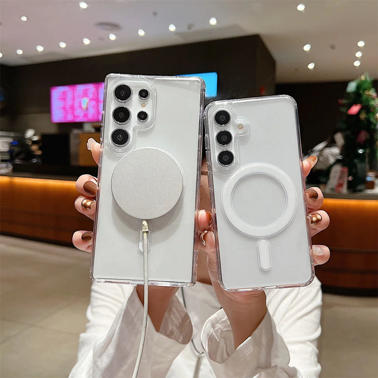 Coque transparente magnétique antichoc pour Samsung Galaxy – Compatible MagSafe, ultra fine, souple et résistante avec découpes précises. Livraison prioritaire offerte !