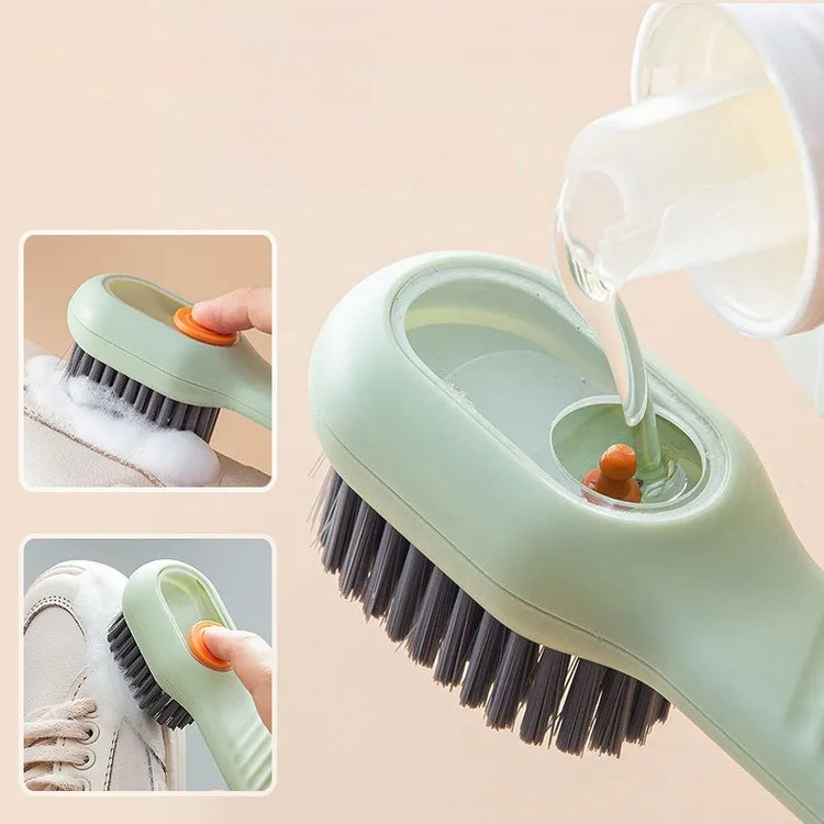 Ingénieuse brosse à poils souples, munie d'un grand réservoir pour savon liquide, pour vaisselles, vêtements, chaussures, et même dans la douche. La livraison est offerte !