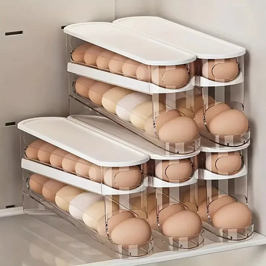 Ingénieuse boîte de rangement à œufs pour réfrigérateur, distributeur automatique, support empilable gain de place, organisation sécurisée, récupération facile, compatible porte et tablette du frigo. Livraison offerte !