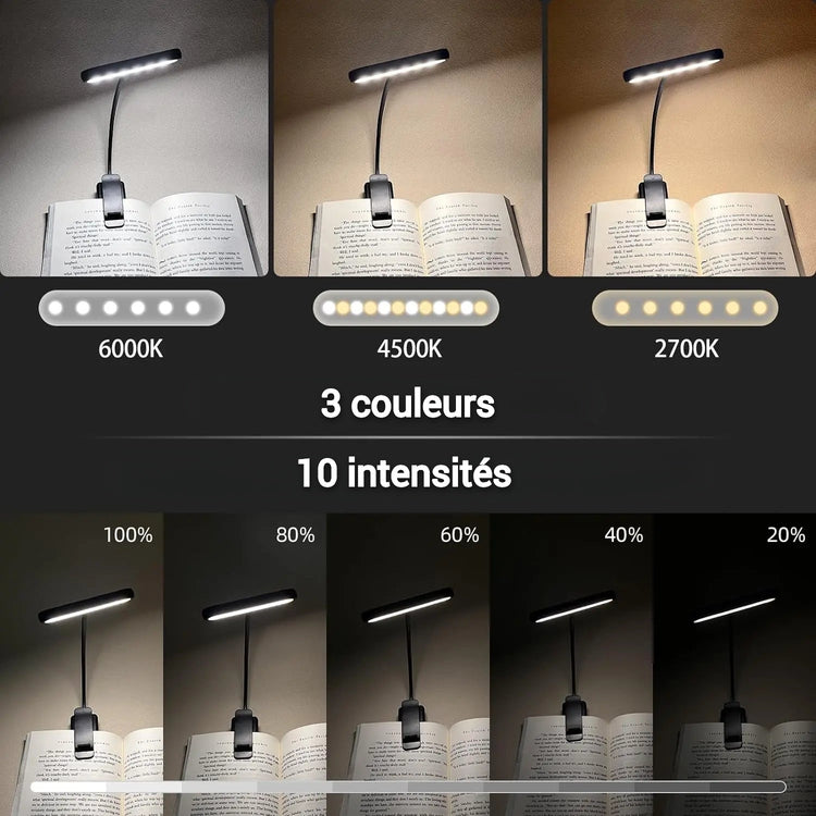 Ingénieuse lampe de lecture 19 LED Premium, pince jusqu'à 3cm, rechargeable, protection des yeux sans lumière bleue, gradation et 3 couleurs, cou flexible à 360°, longue durée, portable pour lire au lit. La livraison prioritaire est offerte !