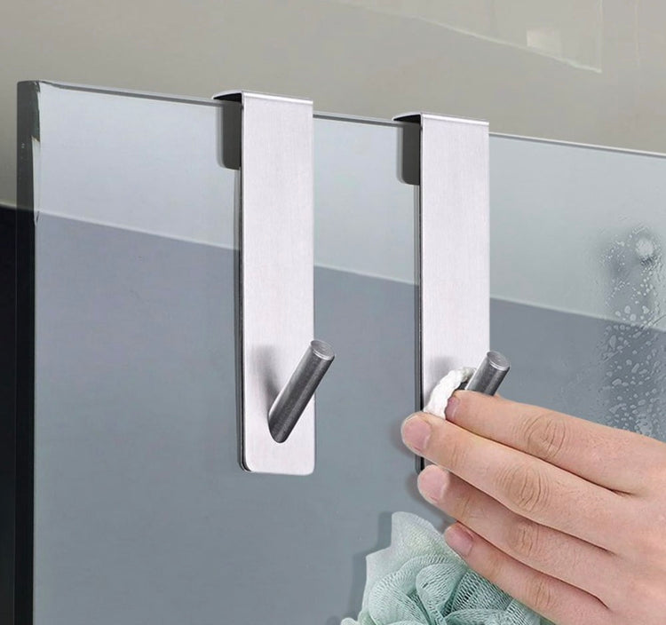 Crochet en acier inoxydable pour porte de douche en verre, installation sans perçage, design moderne antirayures, idéal pour suspendre serviettes, peignoirs et accessoires de salle de bain. Livraison offerte !
