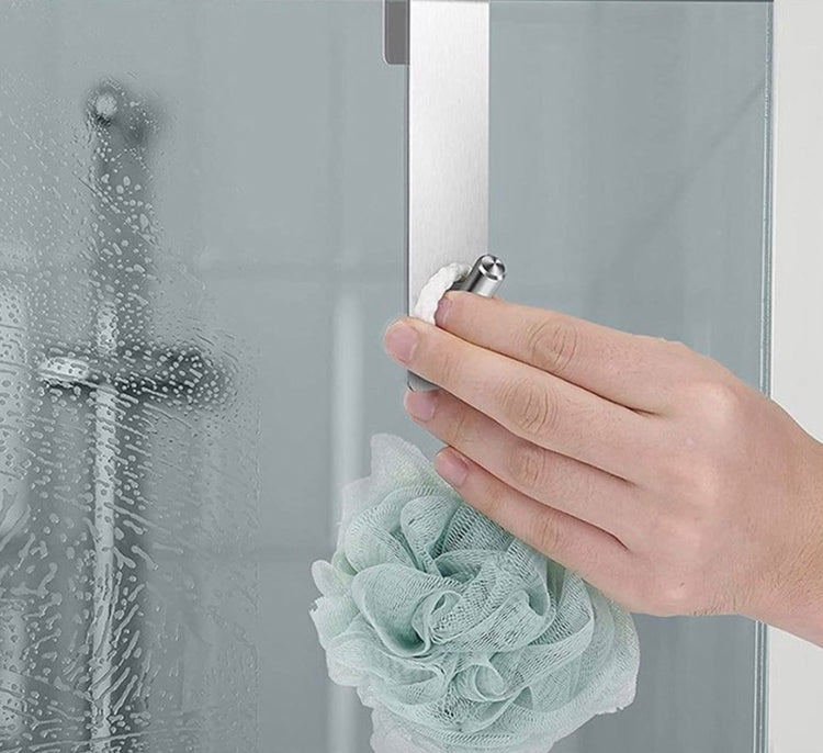 Crochet en acier inoxydable pour porte de douche en verre, installation sans perçage, design moderne antirayures, idéal pour suspendre serviettes, peignoirs et accessoires de salle de bain. Livraison offerte !