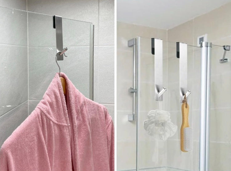 Crochet en acier inoxydable pour porte de douche en verre, installation sans perçage, design moderne antirayures, idéal pour suspendre serviettes, peignoirs et accessoires de salle de bain. Livraison offerte !