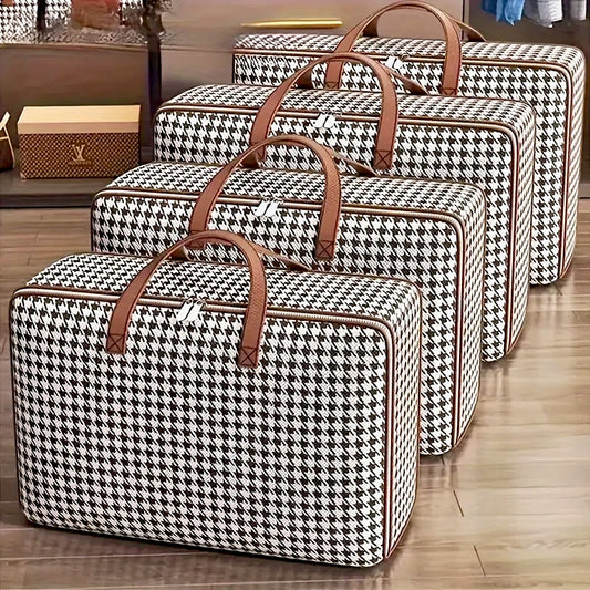 Magnifique sac de rangement grande capacité pour couette, vêtements, oreillers et couvertures, imperméable et anti-poussière, pliable avec poignées renforcées, motif pied-de-poule élégant, disponible en 36L, 60L, 90L, 120L et 150L. Livraison offerte !