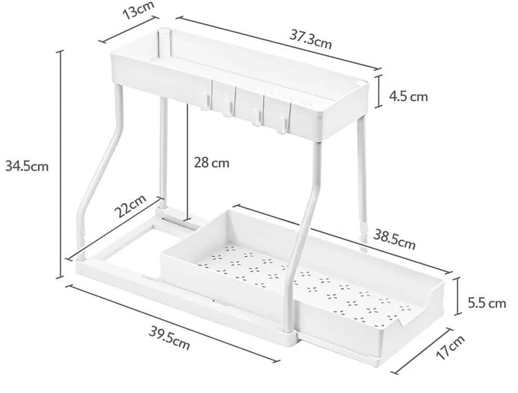 Étagère sous évier à 2 étages, design en forme de R, plateau inférieur coulissant, support en acier au carbone, deux plateaux de rangement, installation facile, drainage rapide. La livraison prioritaire est offerte !