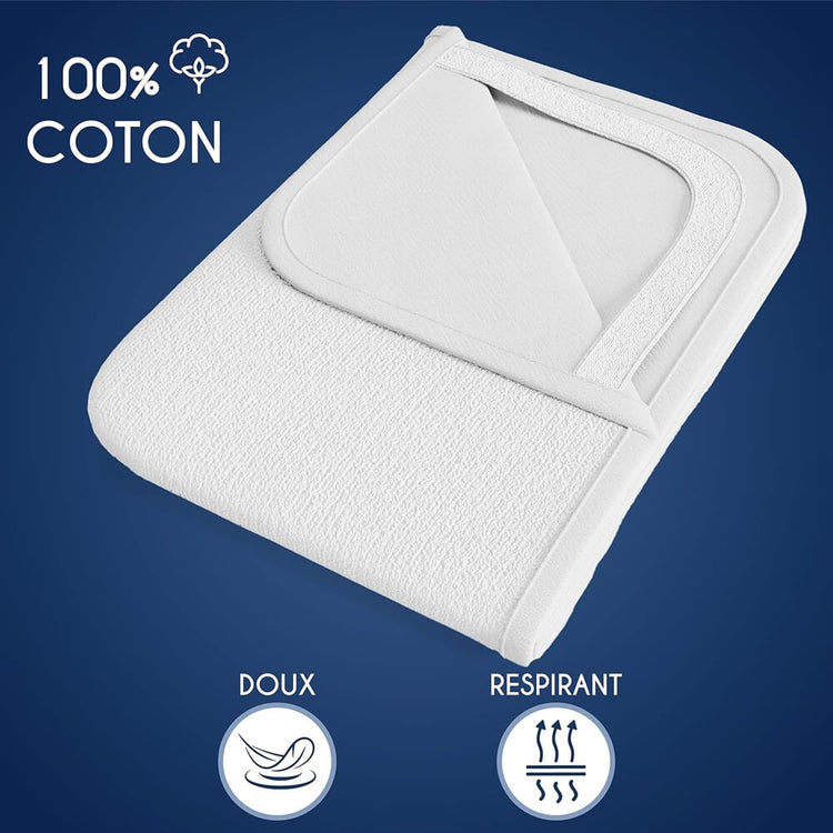 Protège matelas Premium, imperméable en coton respirant, 4 coins élastiques, imperméable et respirant, discret, installation simplissime, lavable en machine et sèche-linge, pour matelas de 5 à 35cm. Livraison prioritaire offerte !