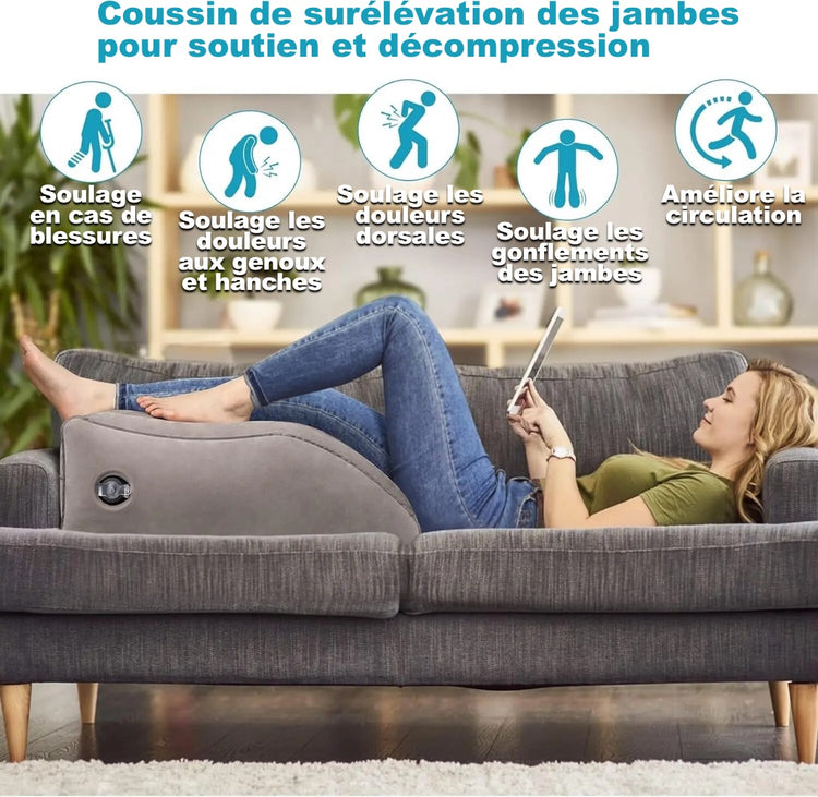 Coussin Premium de surélévation des jambes pour soutien et décompression. Soulage les douleurs aux jambes, aux genoux, aux hanches, et au dos. La livraison prioritaire est offerte !