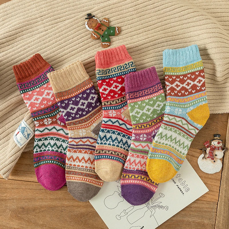 Splendides chaussettes d'hiver en laine, style nordique rétro, épaisses, thermiques, chaudes, lot de 5 paires, grandeur unique, 34-40. La livraison est offerte!