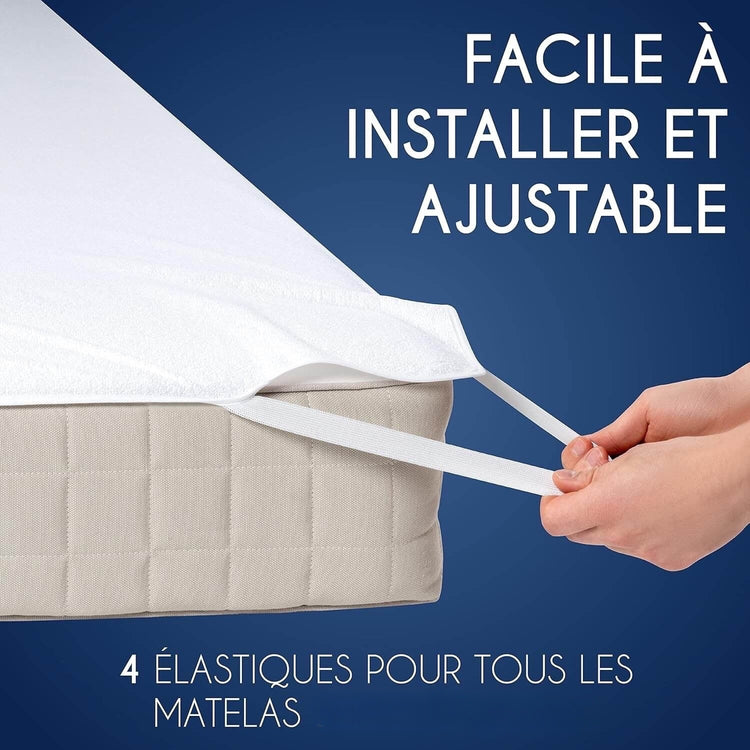 Protège matelas Premium, imperméable en coton respirant, 4 coins élastiques, imperméable et respirant, discret, installation simplissime, lavable en machine et sèche-linge, pour matelas de 5 à 35cm. Livraison prioritaire offerte !