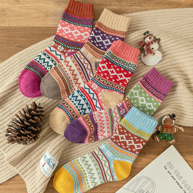 Splendides chaussettes d'hiver en laine, style nordique rétro, épaisses, thermiques, chaudes, lot de 5 paires, grandeur unique, 34-40. La livraison est offerte!